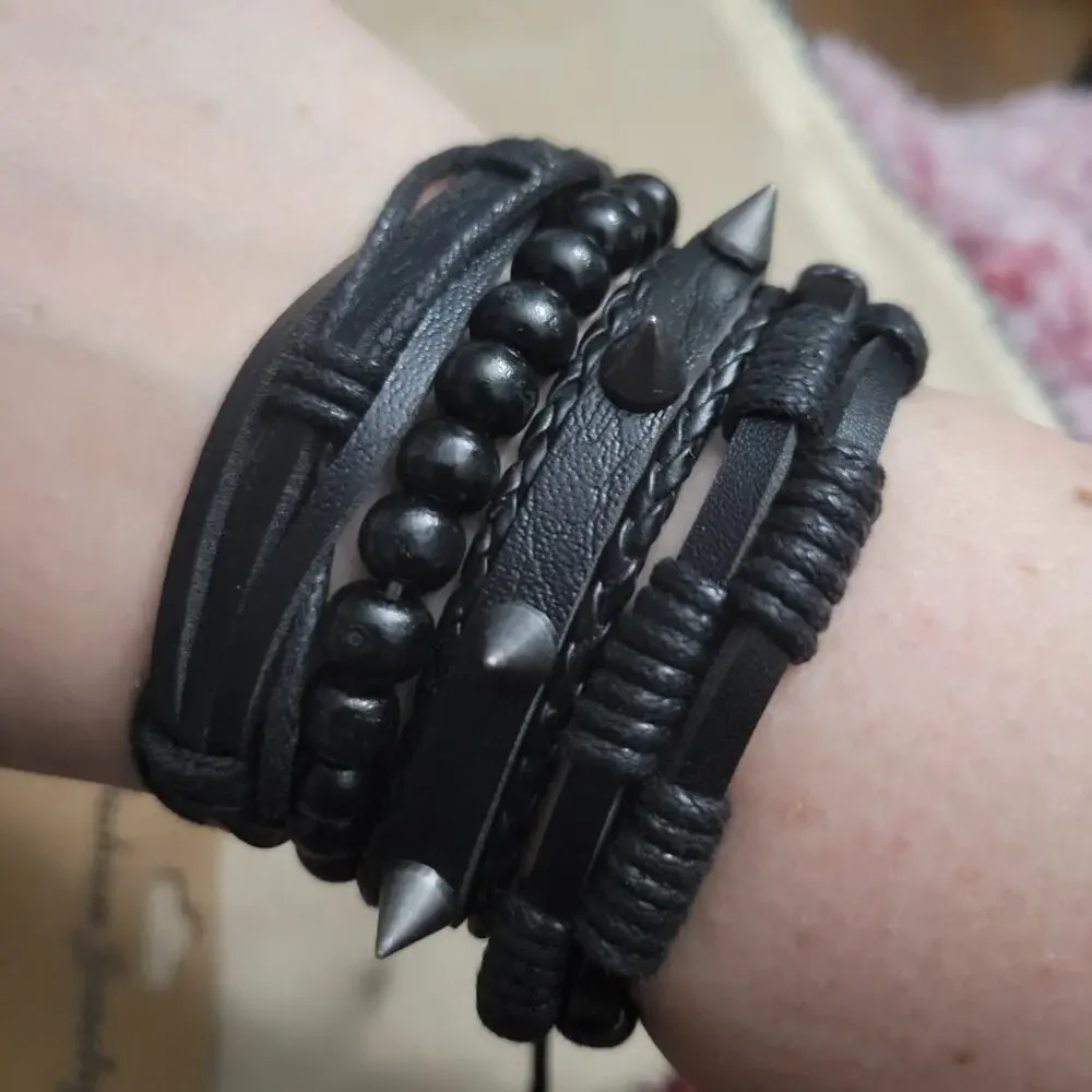 4 piece spiked black synthetic leather adjustable bracelet set